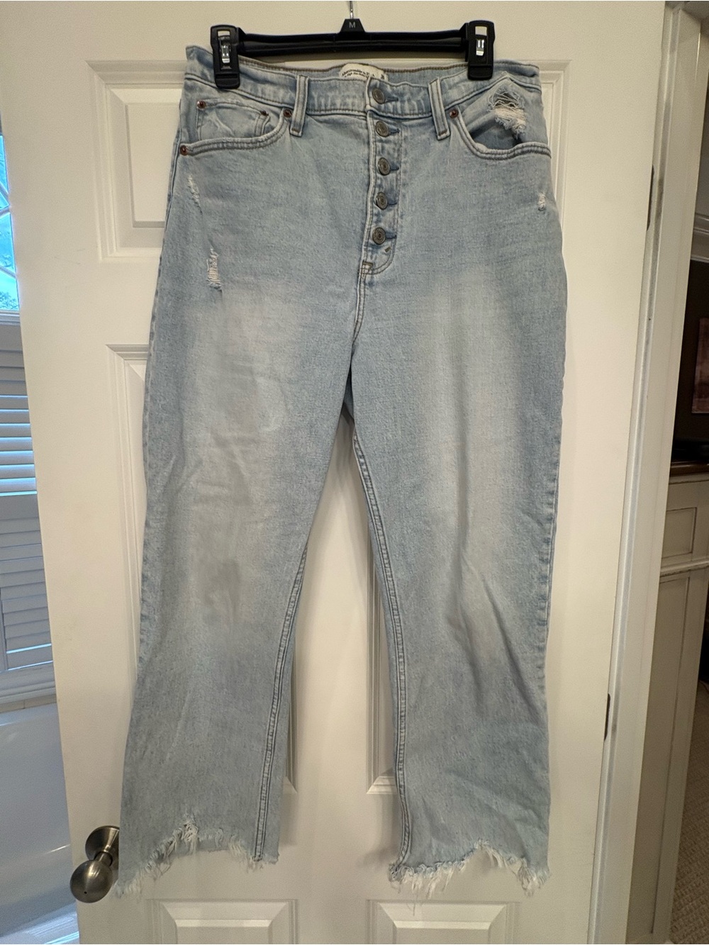 Abercrombie & Fitch Distressed Light Blue High-Rise Button Fly Jeans